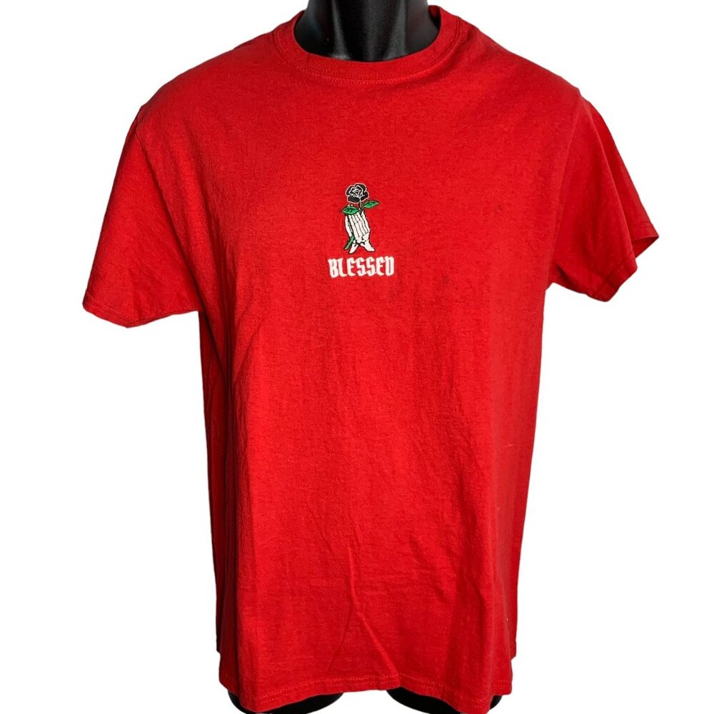 Eighty Eight Embroidered Blessed T Shirt M Red Crewneck Short Sleeves Rose